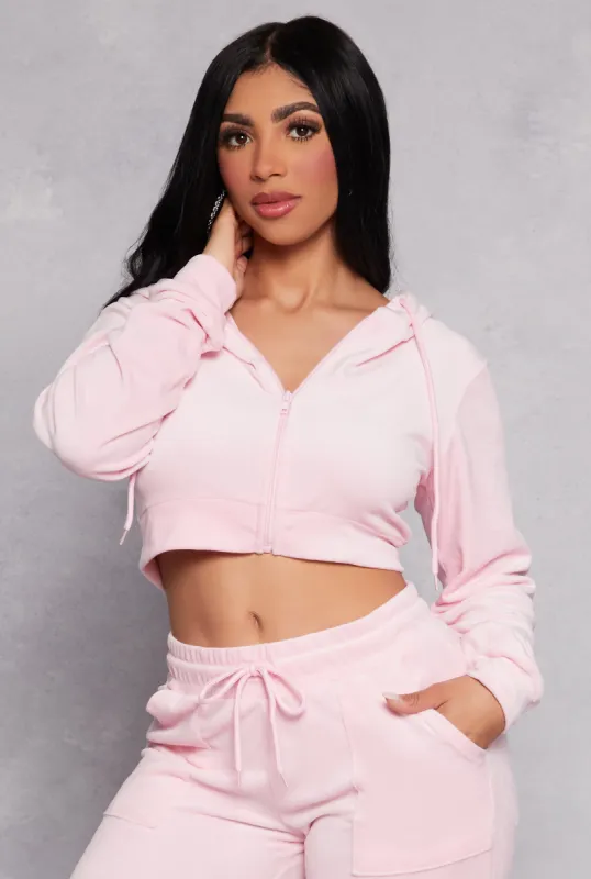Velour Zip Front Hooded Crop Top sold by Rainbow