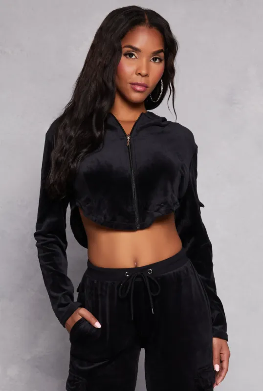 Velour Rounded Hem Cropped Hoodie sold by Rainbow