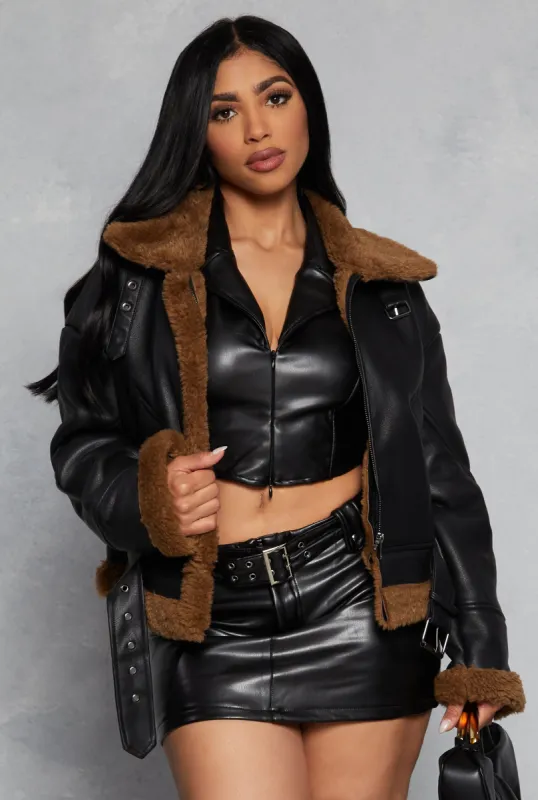 Faux Leather Faux Fur Lined Moto Jacket sold by Rainbow