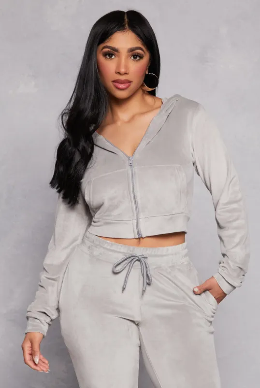 Velour Zip Front Hooded Crop Top sold by Rainbow