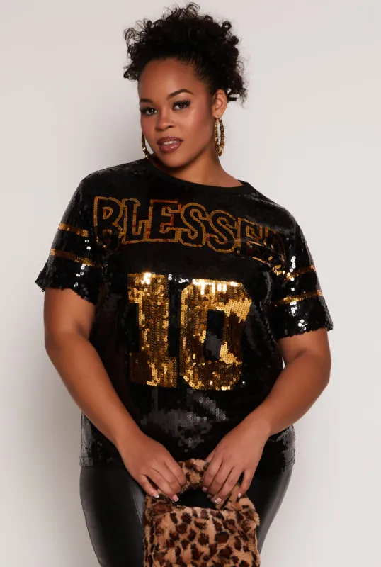 Plus Size Blessed 10 Sequin Mesh Top sold by Rainbow