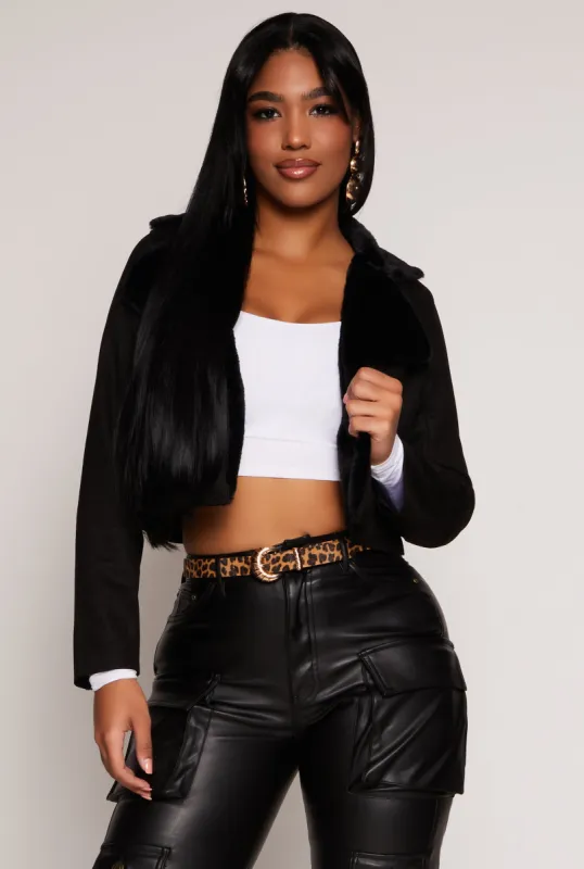Faux Fur Trim Faux Suede Moto Jacket sold by Rainbow