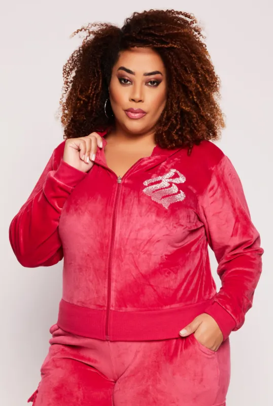 Plus Size Rocawear Rhinestone Velour Zip Front Hoodie sold by Rainbow