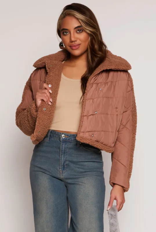 Sherpa Snap Button Front Puffer Jacket sold by Rainbow