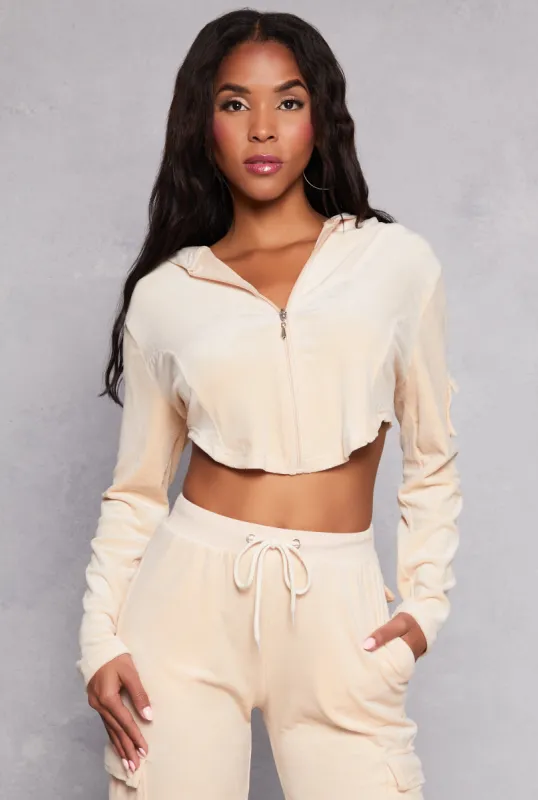 Velour Rounded Hem Cropped Hoodie sold by Rainbow