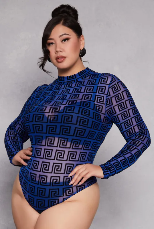 Plus Size Mesh Velvet Burnout Greek Key Bodysuit sold by Rainbow
