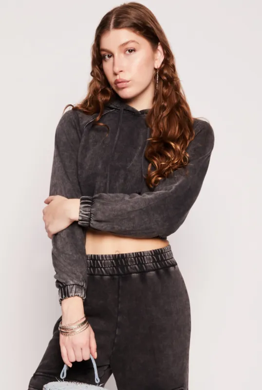 Acid Wash Elastic Hem Cropped Hoodie sold by Rainbow