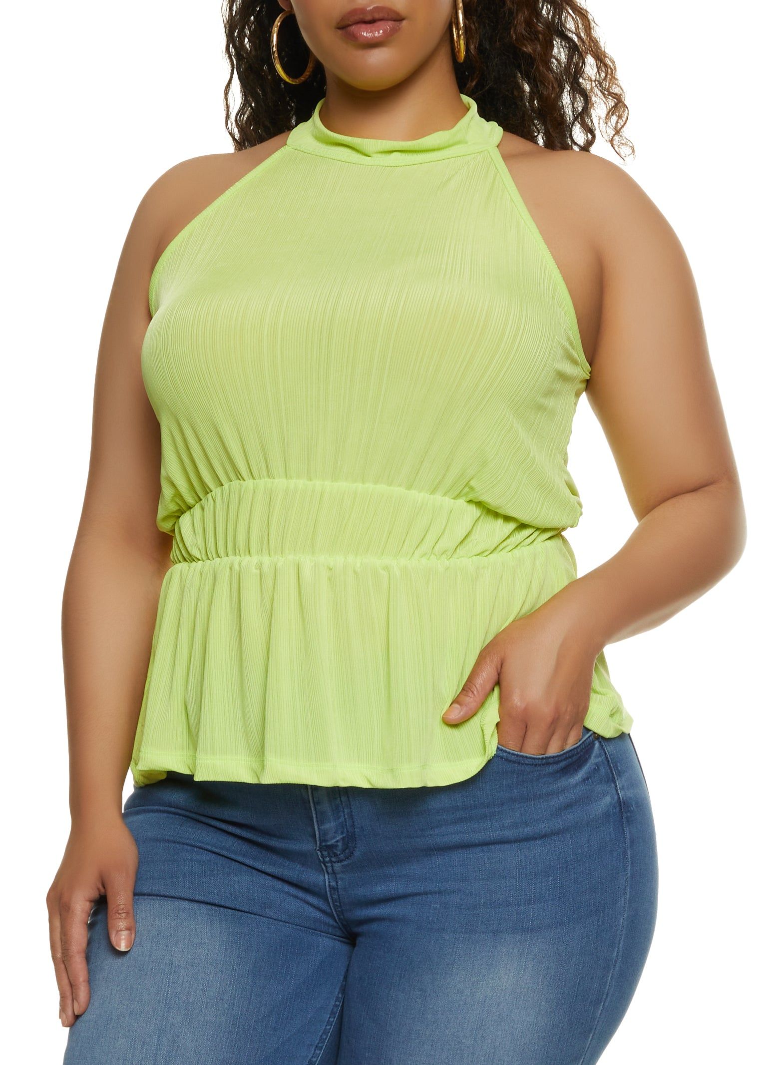 Plus Size Ribbed High Neck Ruched Waist Top sold by Rainbow