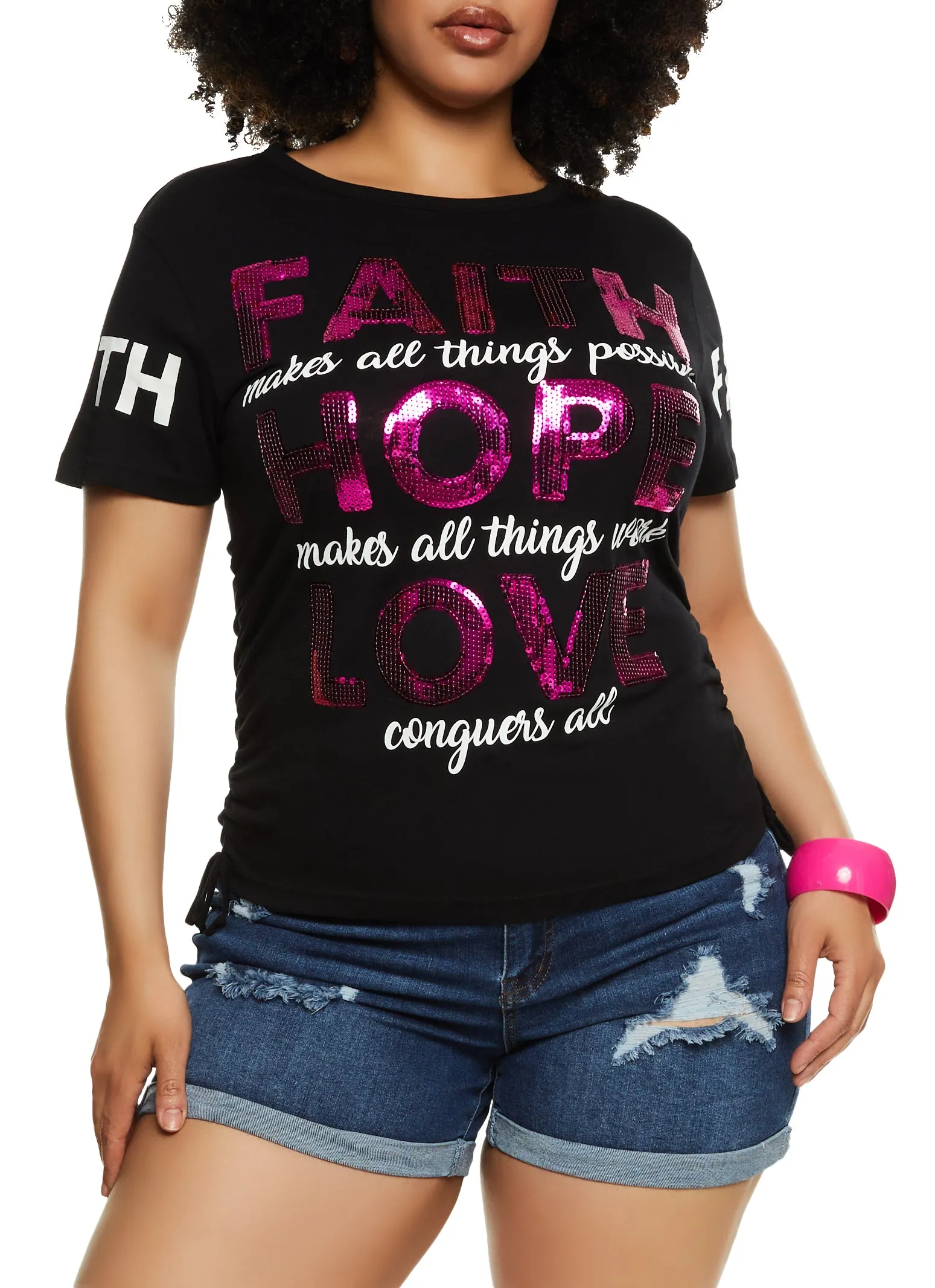 Plus Size Sequin Faith Hope Love Ruched Graphic T Shirt sold by Rainbow