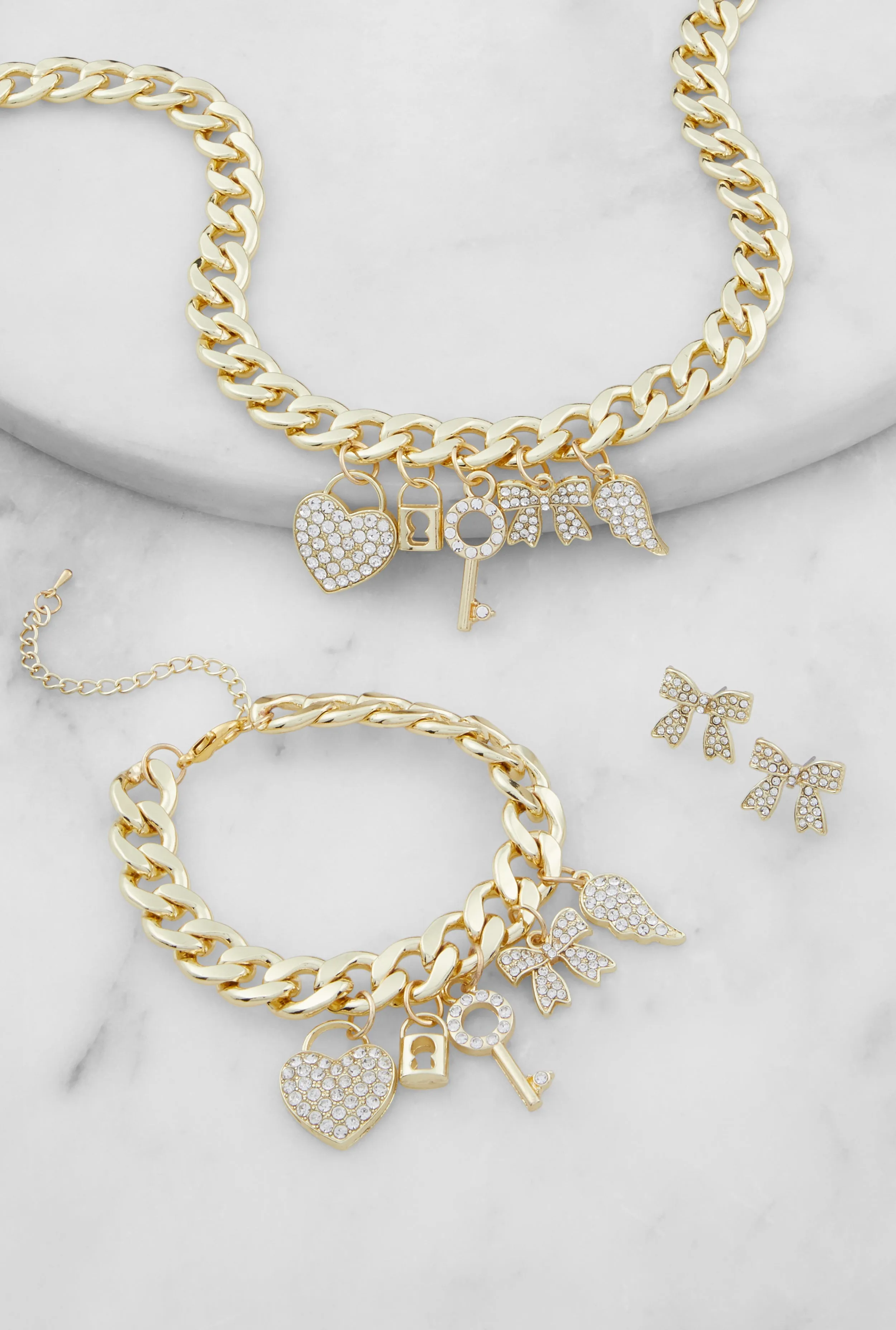 Rhinestone Metallic Chain Necklace with Stud Earrings and Bracelet sold by Rainbow product image thumbnail 2