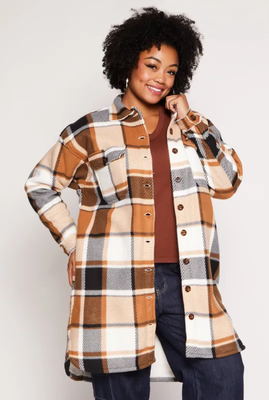 Plus Size Sherpa Lined Plaid Long Shacket sold by Rainbow