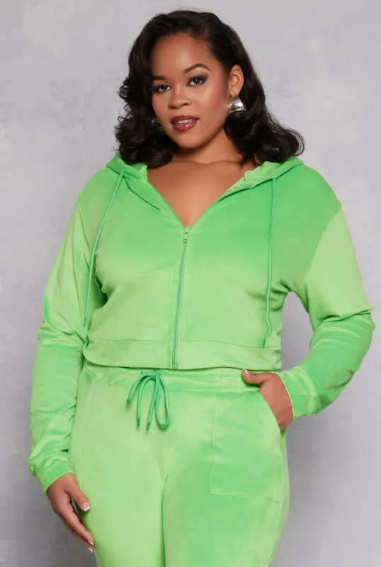 Plus Size Velour Zip Front Hooded Crop Top sold by Rainbow