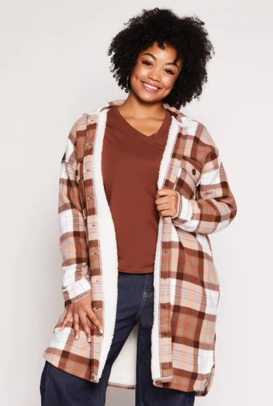 Plus Size Plaid Sherpa Lined Long Shacket sold by Rainbow