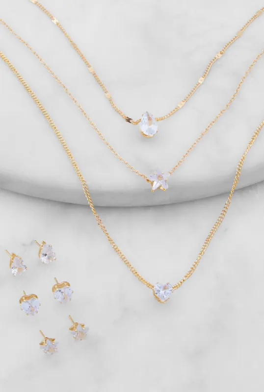Cubic Zirconia Layered Necklace with Stud Earrings Set sold by Rainbow