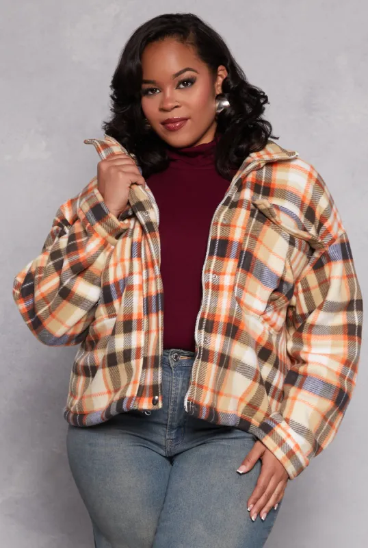 Plus Size Plaid Snap Button Zip Front Shacket sold by Rainbow