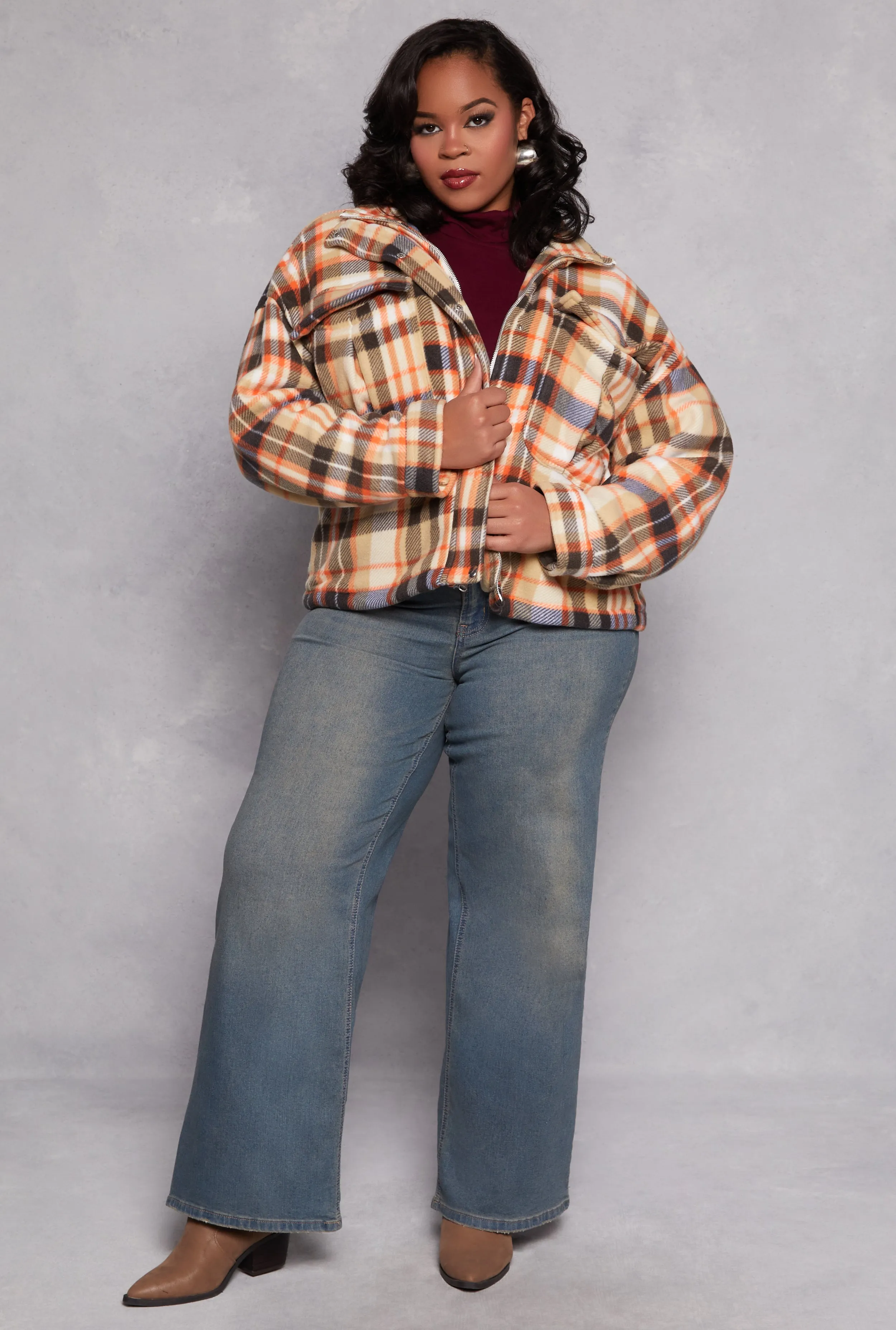 Plus Size Plaid Snap Button Zip Front Shacket sold by Rainbow product image thumbnail 2