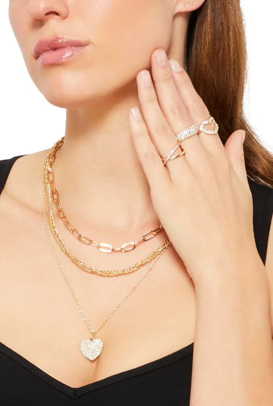 Rhinestone Heart Layered Necklace and Rings Set sold by Rainbow