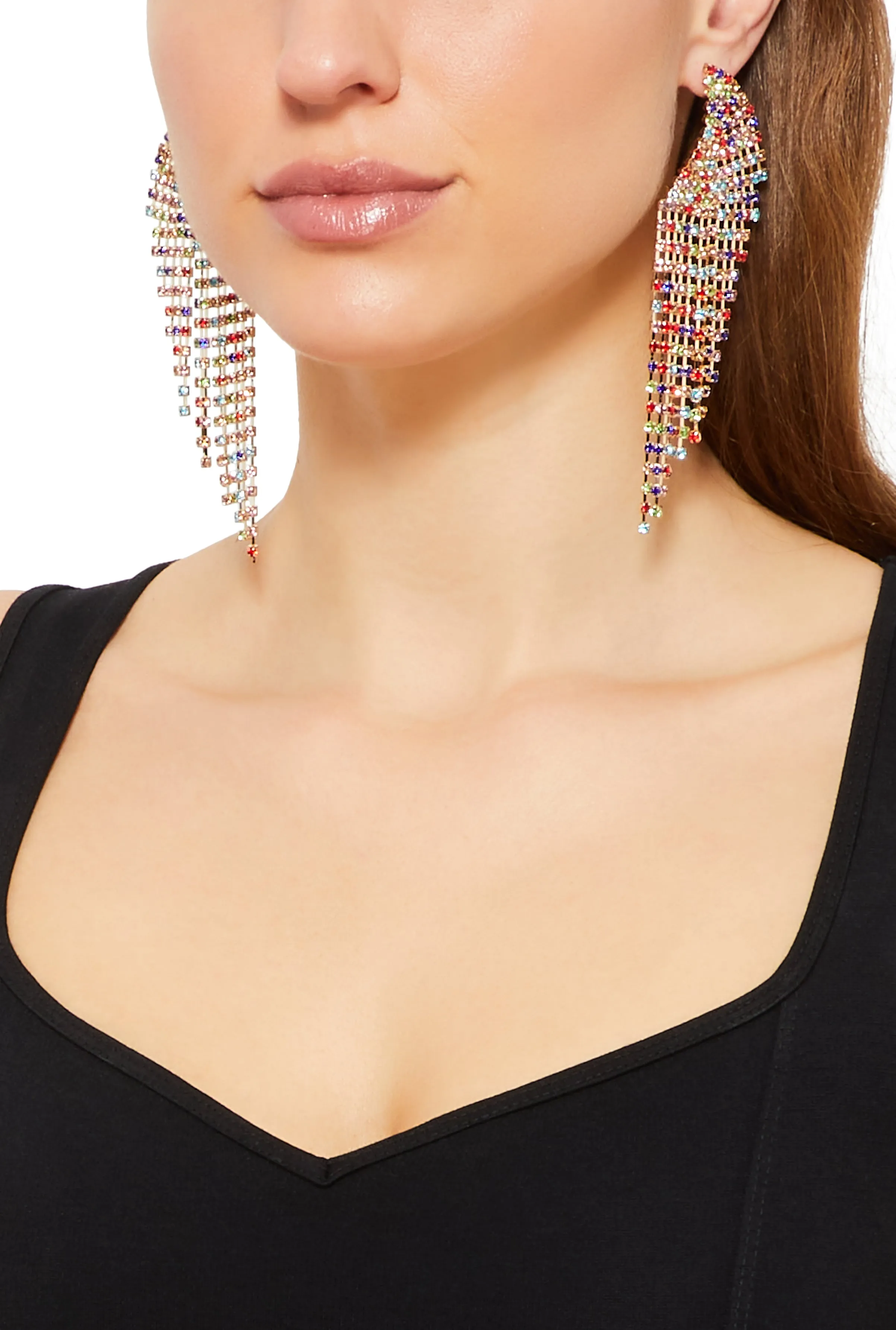 Curved Rhinestone Fringe Drop Earrings sold by Rainbow