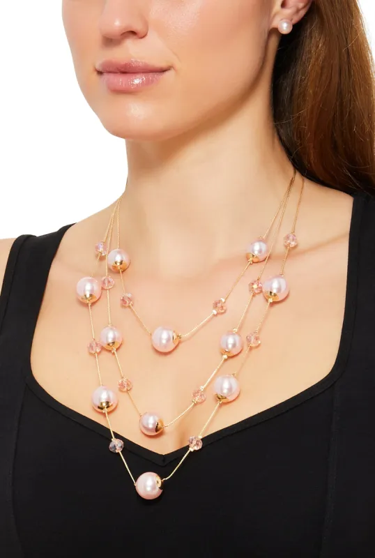 Faux Pearl Layered Necklace and Earrings Set sold by Rainbow