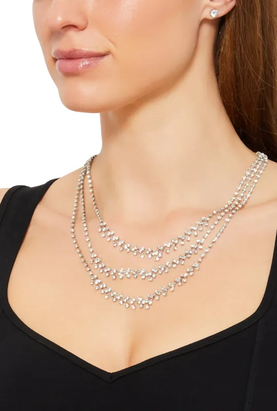 Rhinestone Layered Necklace and Earrings Set sold by Rainbow