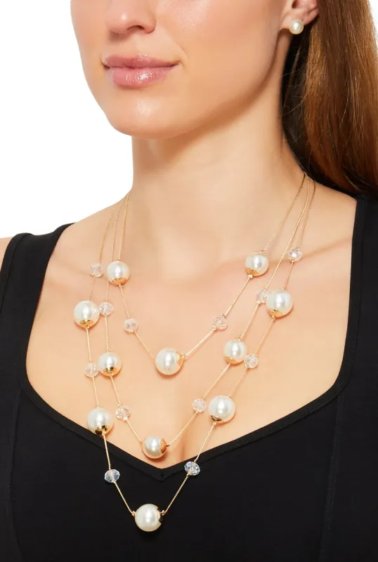 Faux Pearl Layered Necklace and Earrings Set sold by Rainbow