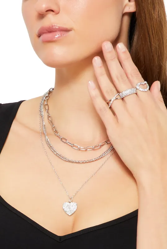 Rhinestone Heart Layered Necklace and Rings Set sold by Rainbow