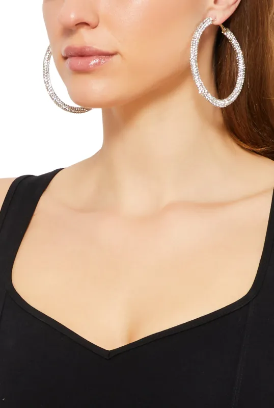 Metallic Rhinestone Hoop Earrings sold by Rainbow
