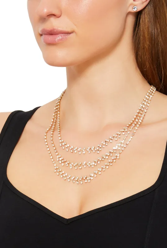 Rhinestone Layered Necklace and Earrings Set sold by Rainbow