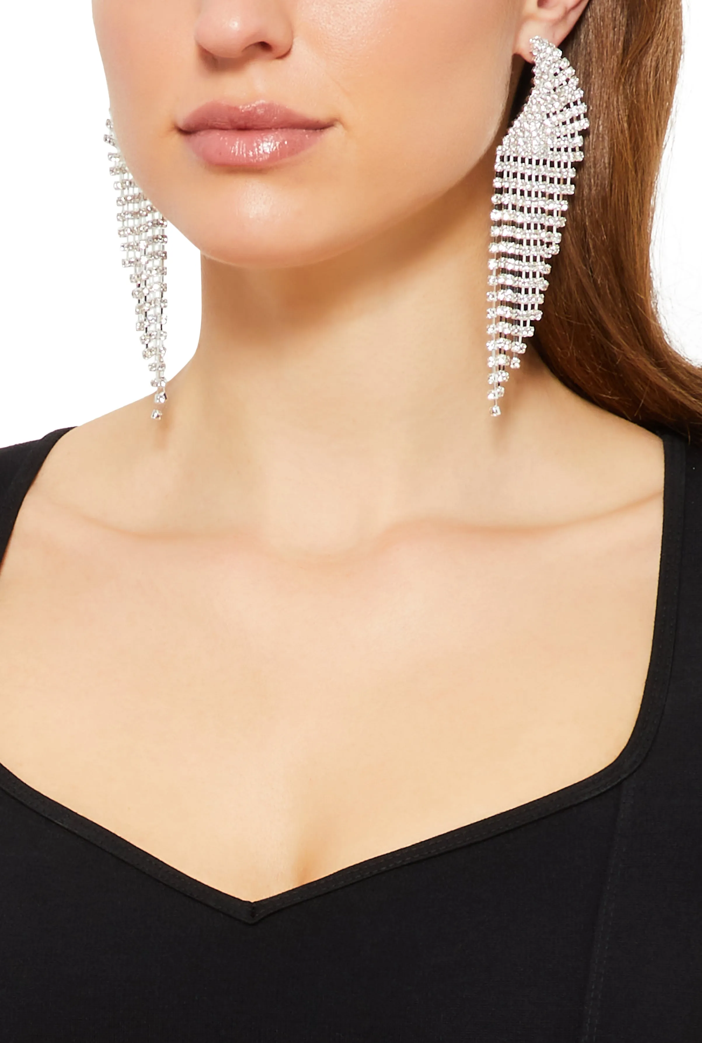 Curved Rhinestone Fringe Drop Earrings sold by Rainbow