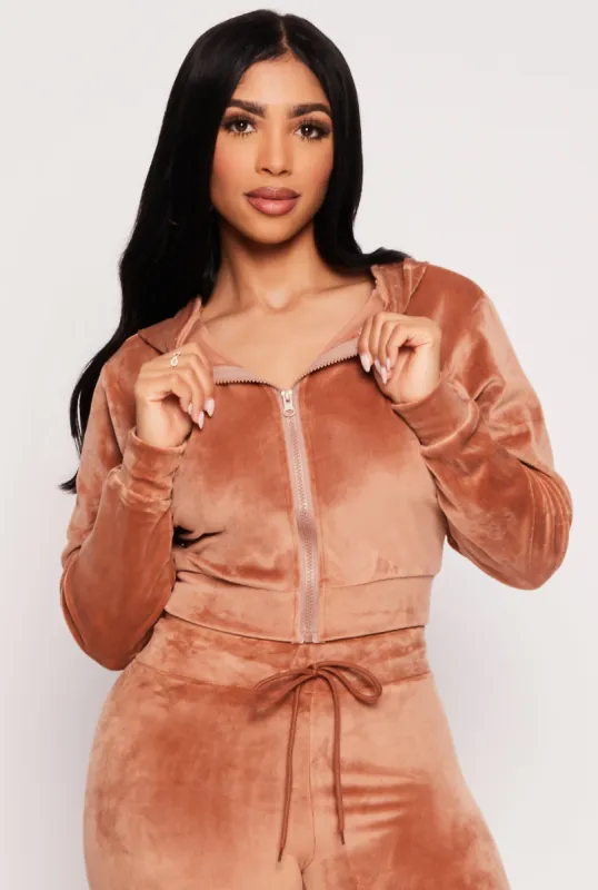 Velour Zip Up Hooded Crop Top sold by Rainbow