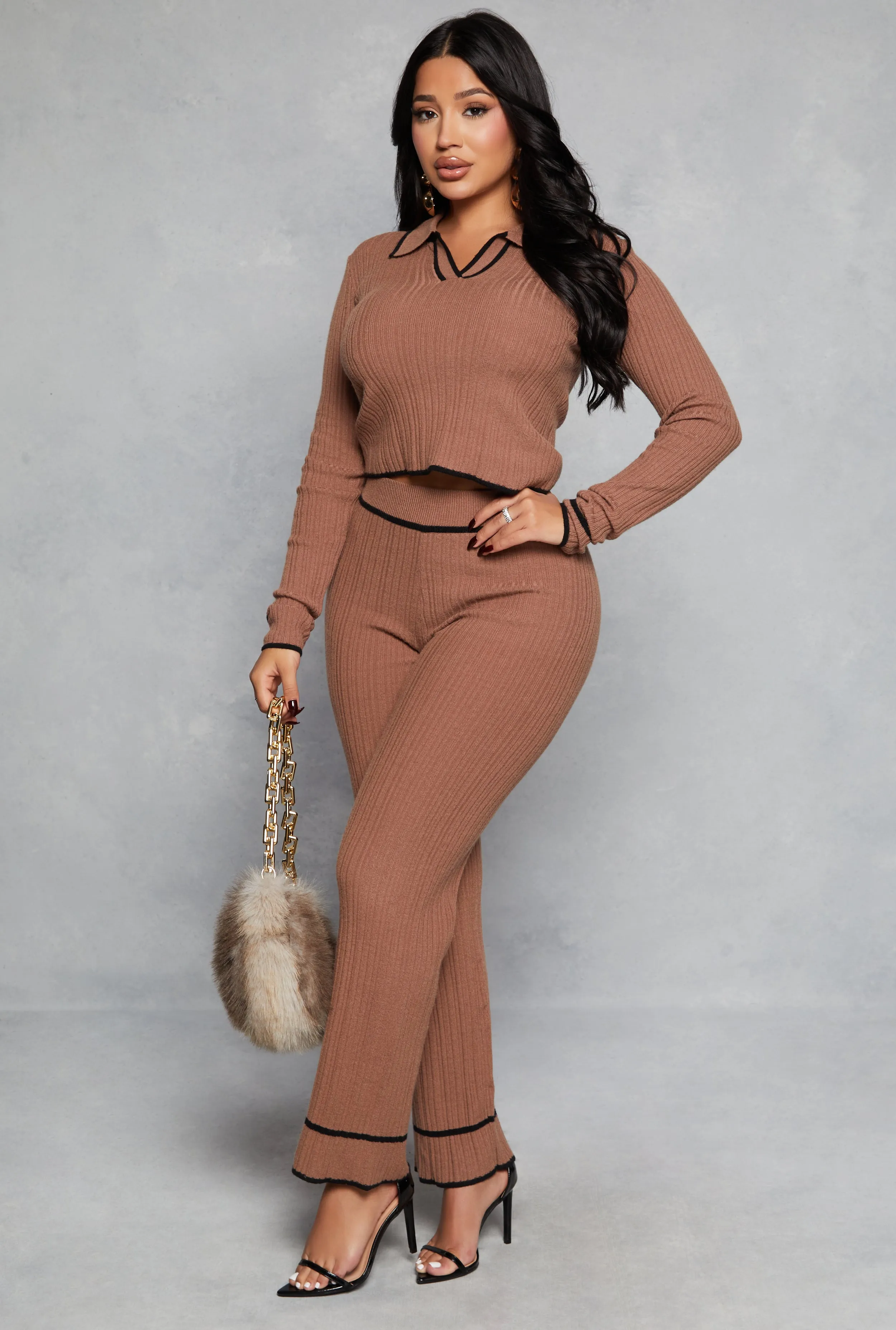 Ribbed Knit Contrast Trim Straight Leg Pants sold by Rainbow