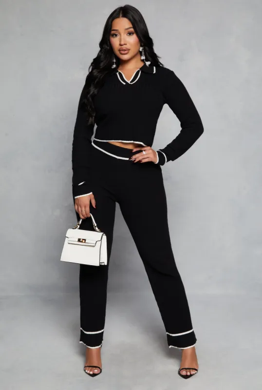 Ribbed Knit Contrast Trim Straight Leg Pants sold by Rainbow