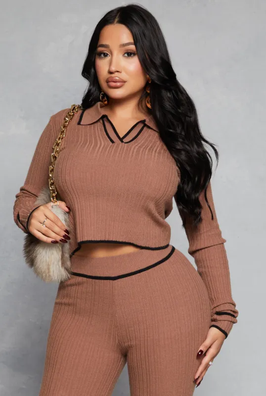 Ribbed Knit Contrast Trim Crop Top sold by Rainbow