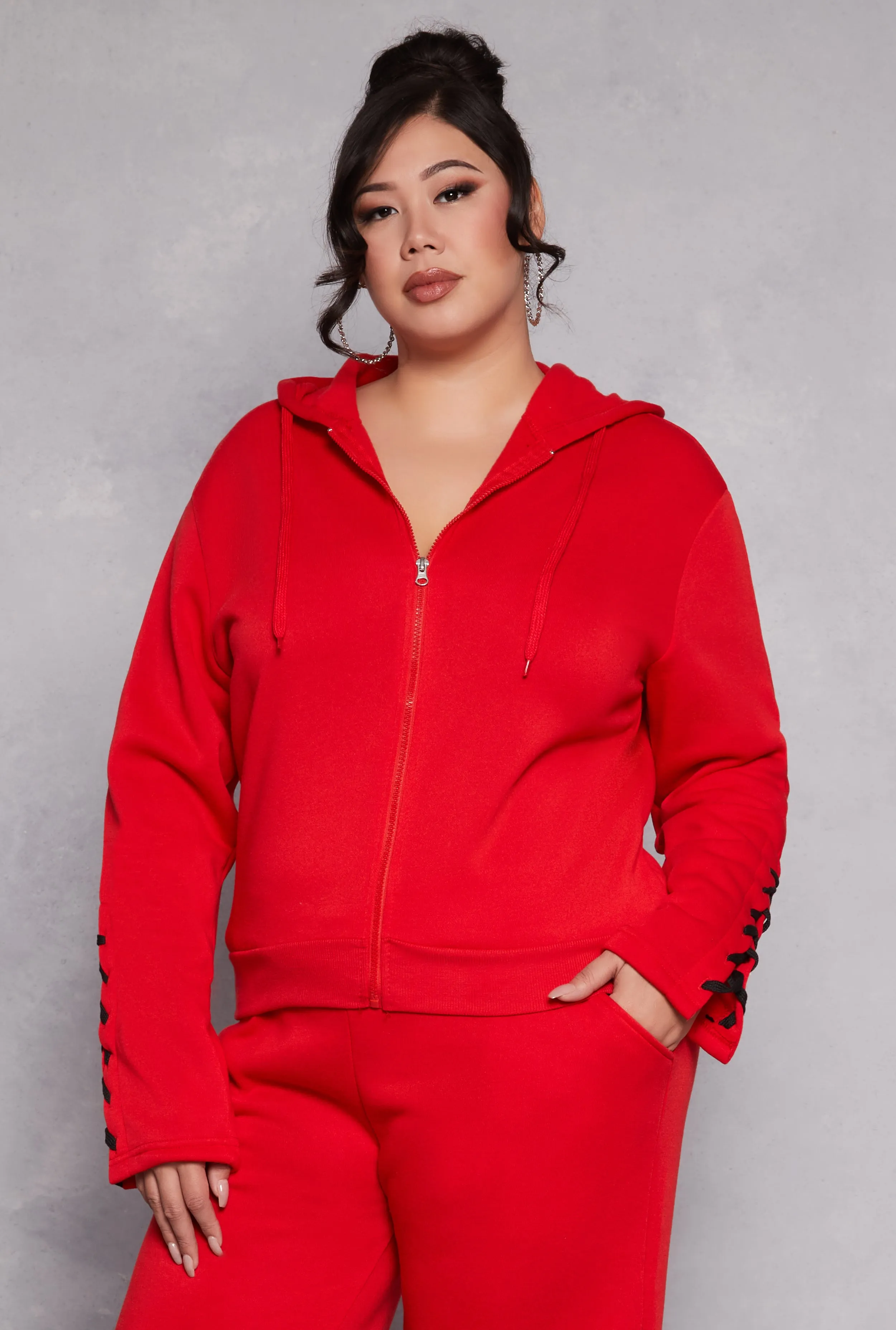 Plus Size Lace Up Sleeve Hooded Sweatshirt sold by Rainbow