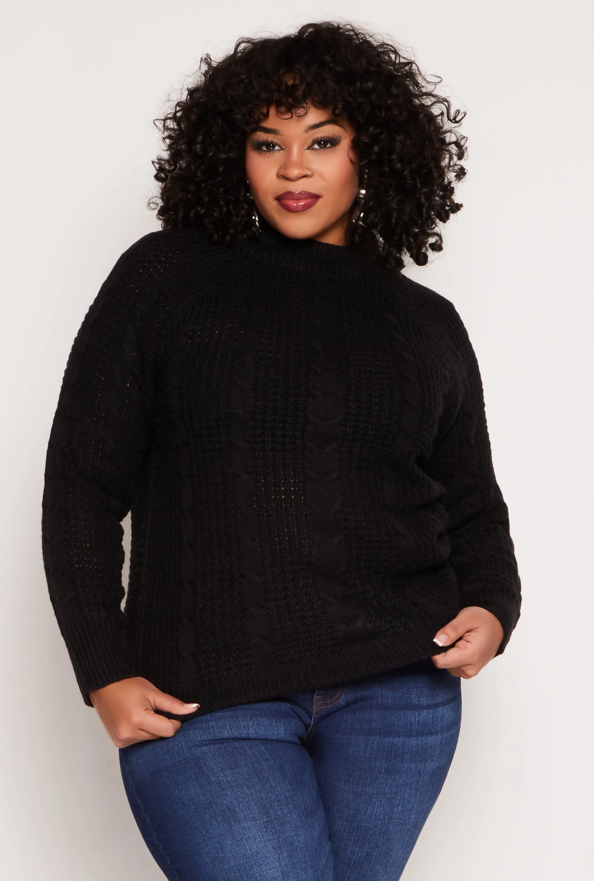 Plus Size Cable Knit Mock Neck Sweater sold by Rainbow