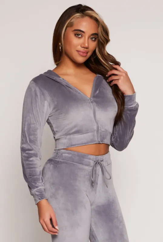 Velour Zip Up Hooded Crop Top sold by Rainbow