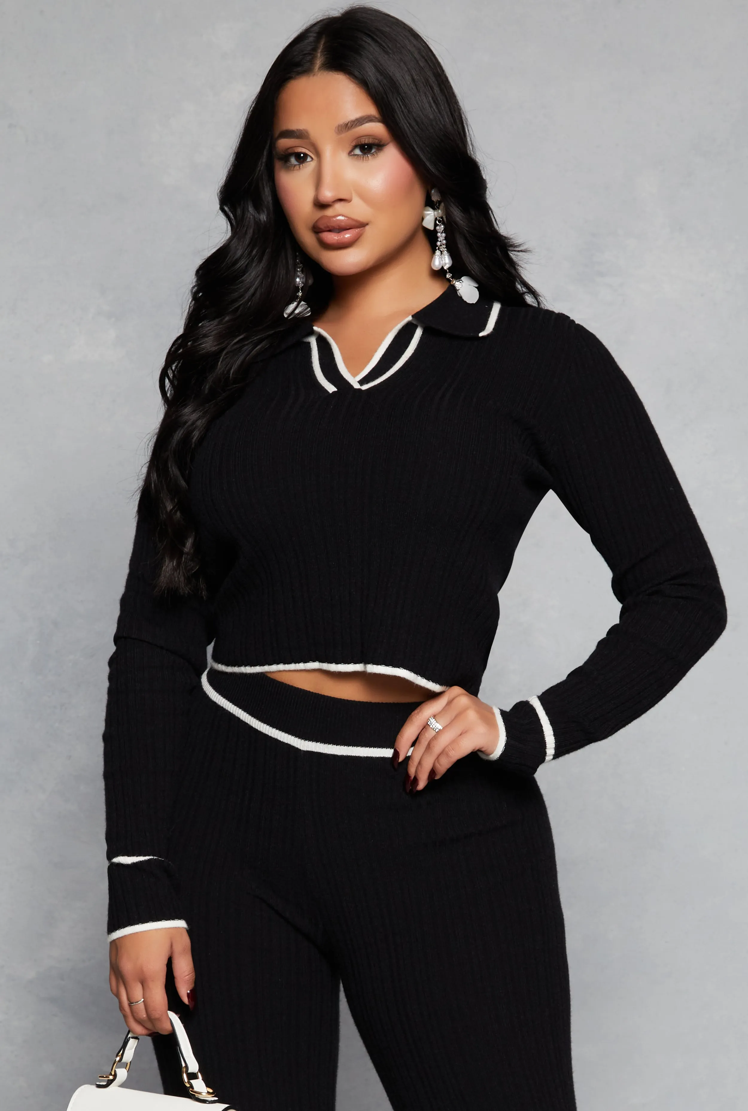 Ribbed Knit Contrast Trim Crop Top sold by Rainbow