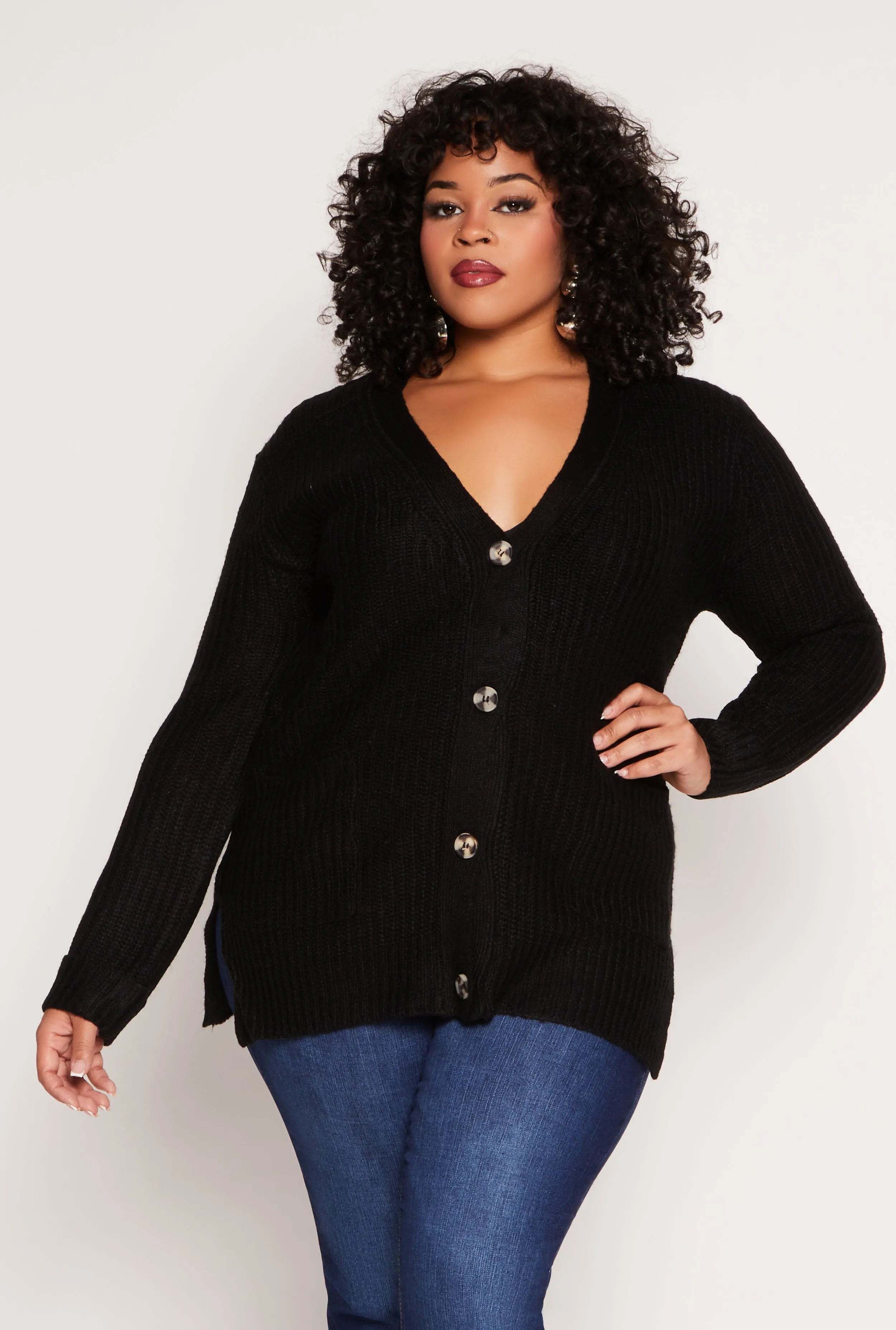 Plus Size Button Front Knit Cardigan sold by Rainbow