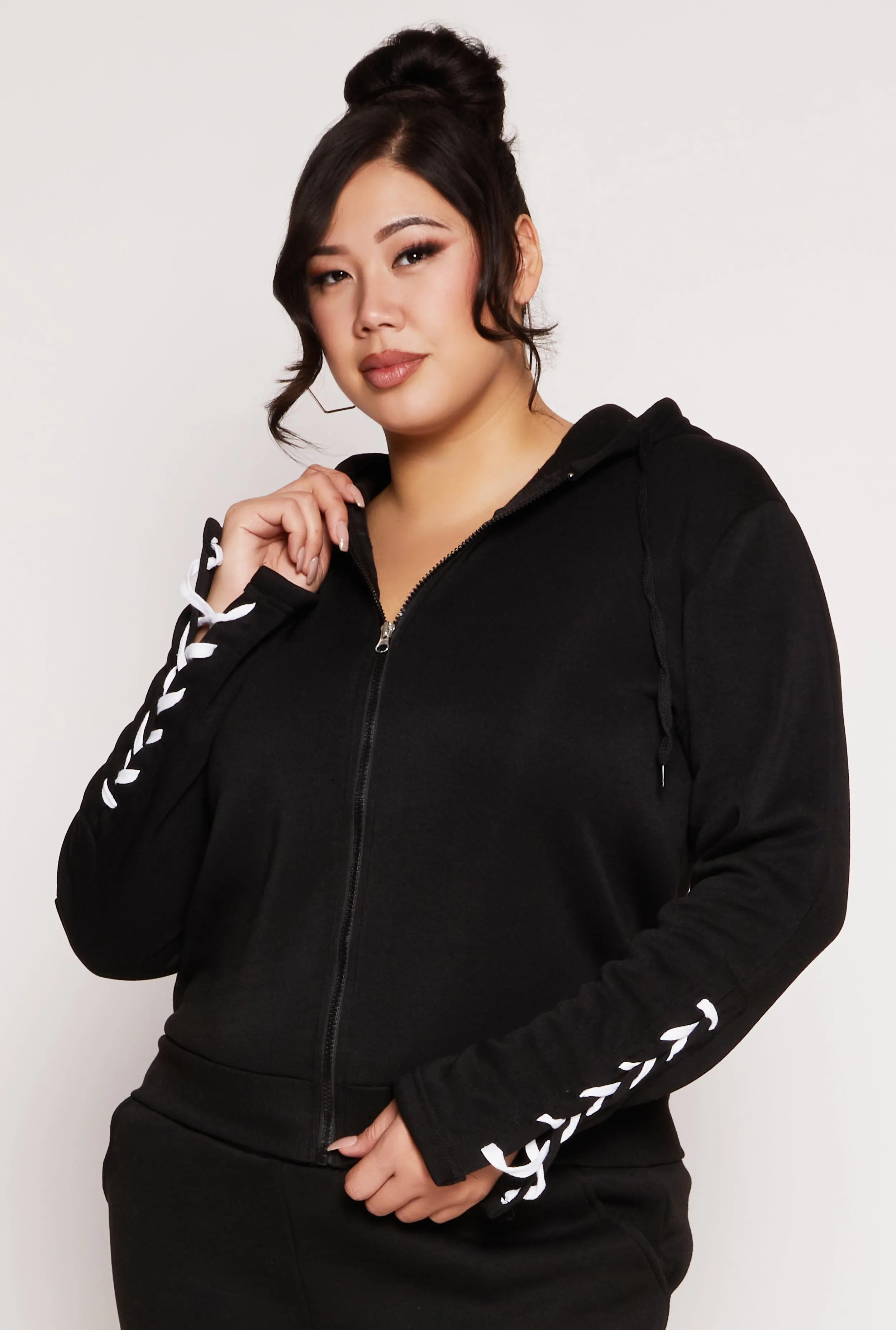Plus Size Lace Up Sleeve Hooded Sweatshirt sold by Rainbow