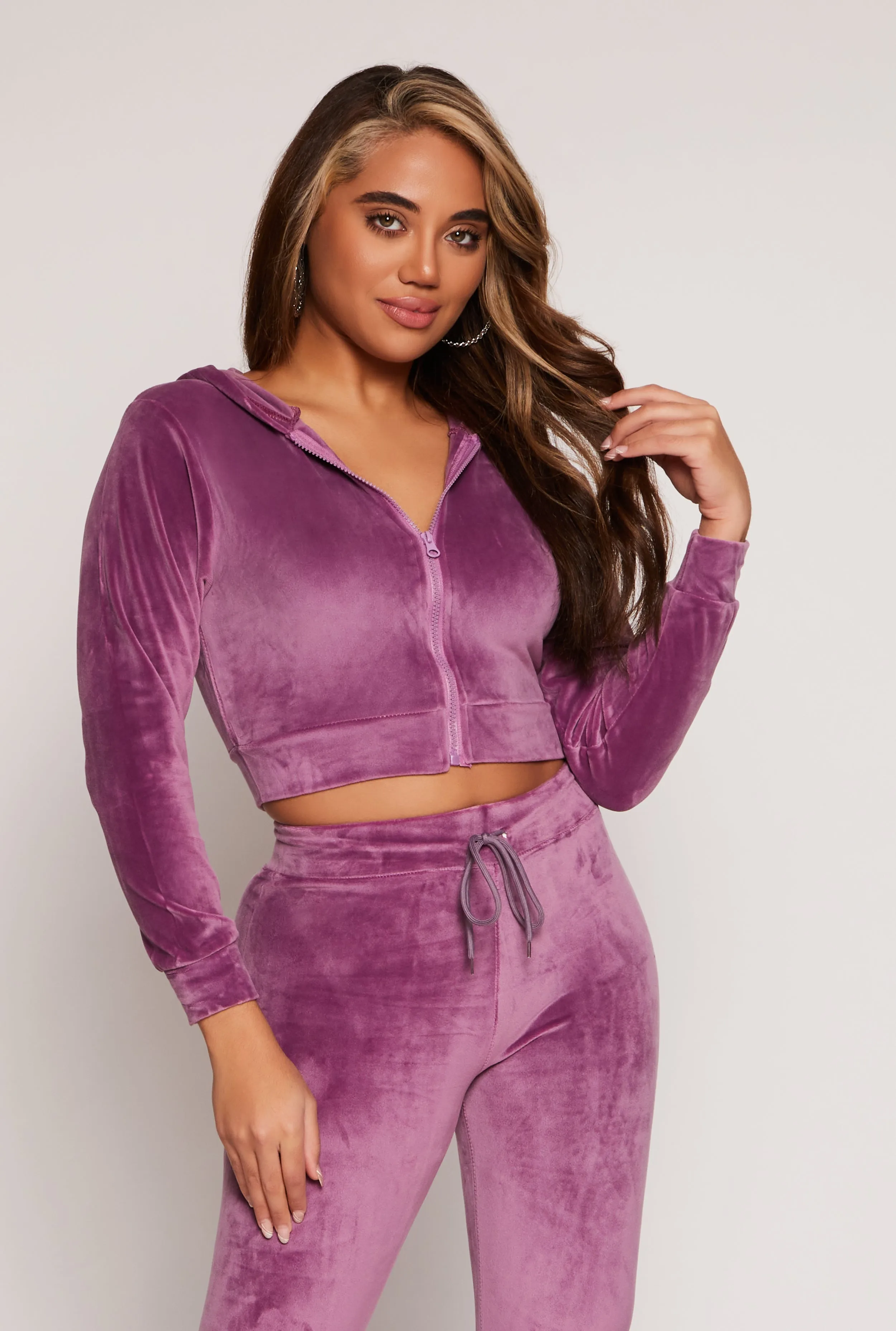 Velour Zip Up Hooded Crop Top sold by Rainbow