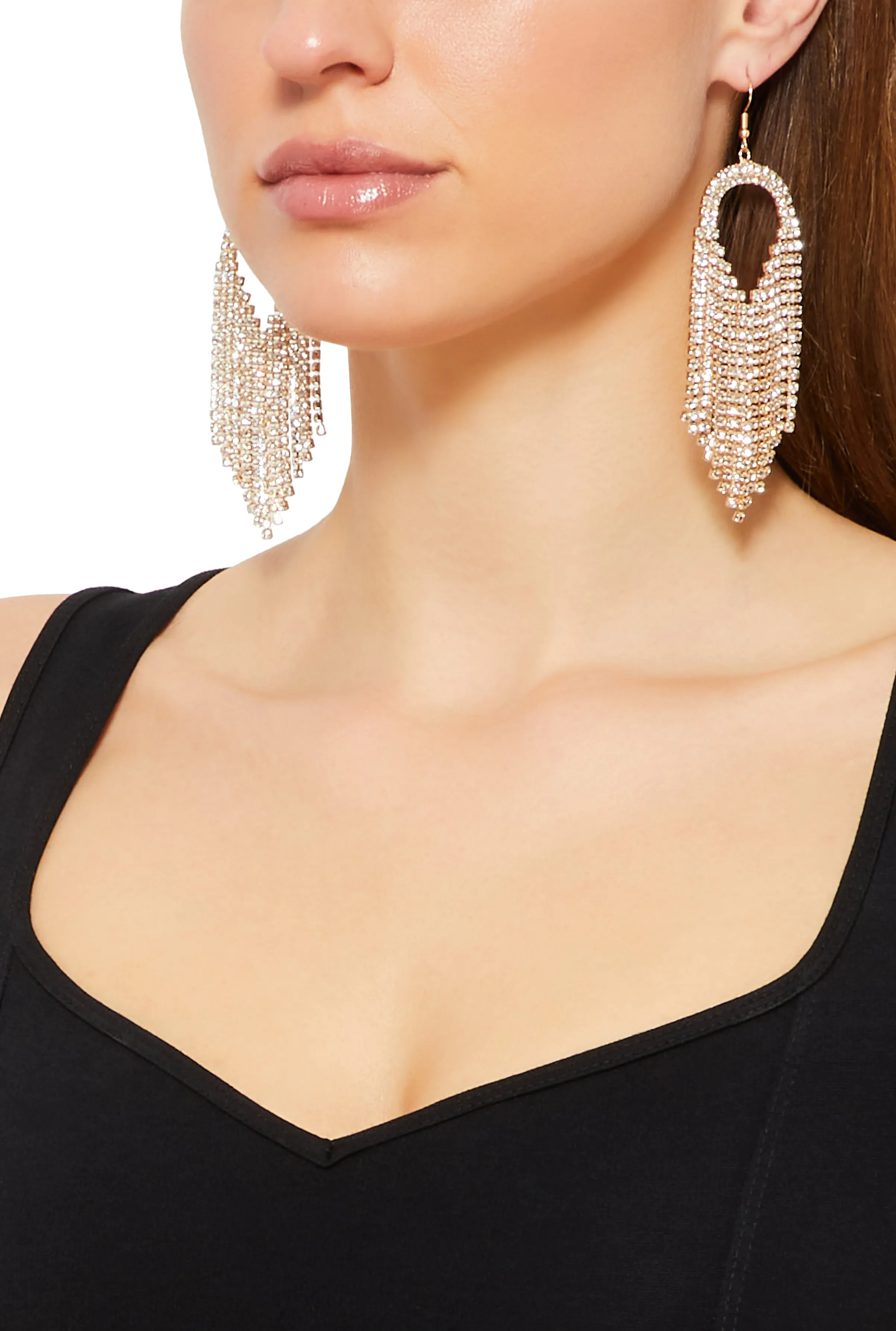 Rhinestone Teardrop Fringe Earrings sold by Rainbow