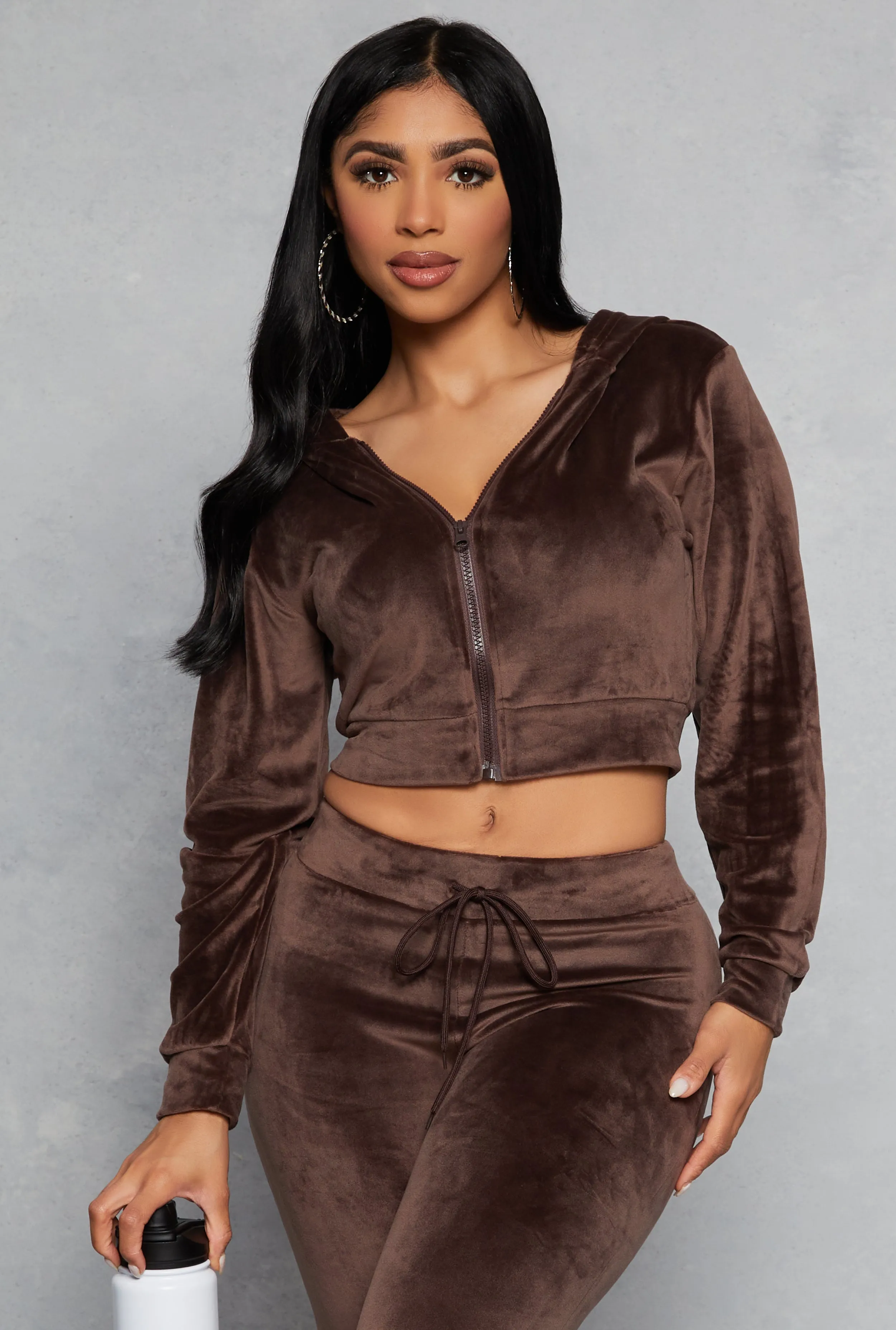 Velour Zip Up Hooded Crop Top sold by Rainbow