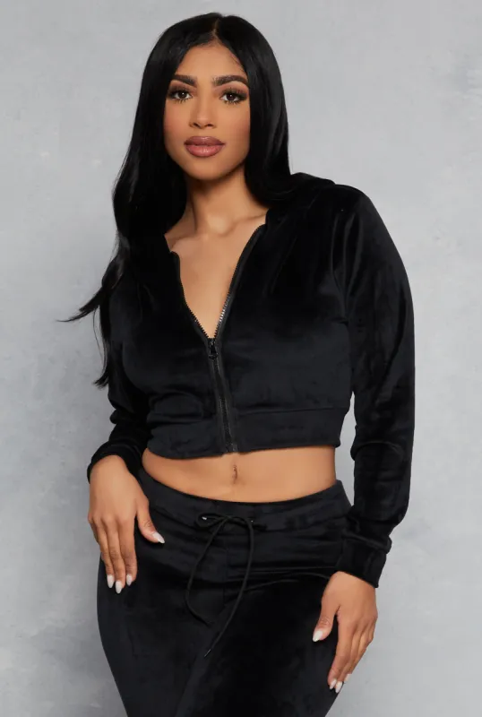 Velour Zip Up Hooded Crop Top sold by Rainbow