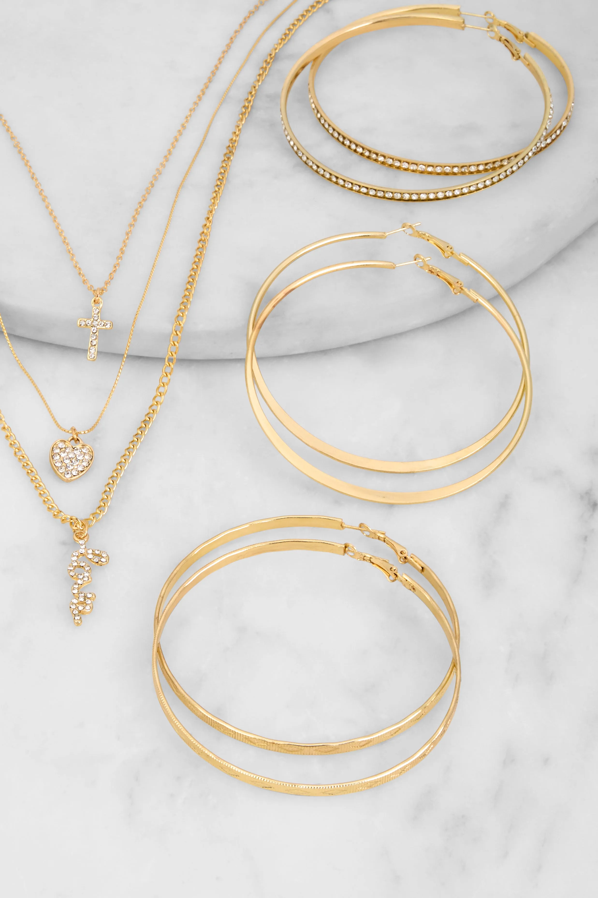 Love Rhinestone Layered Necklace and Hoop Earrings sold by Rainbow