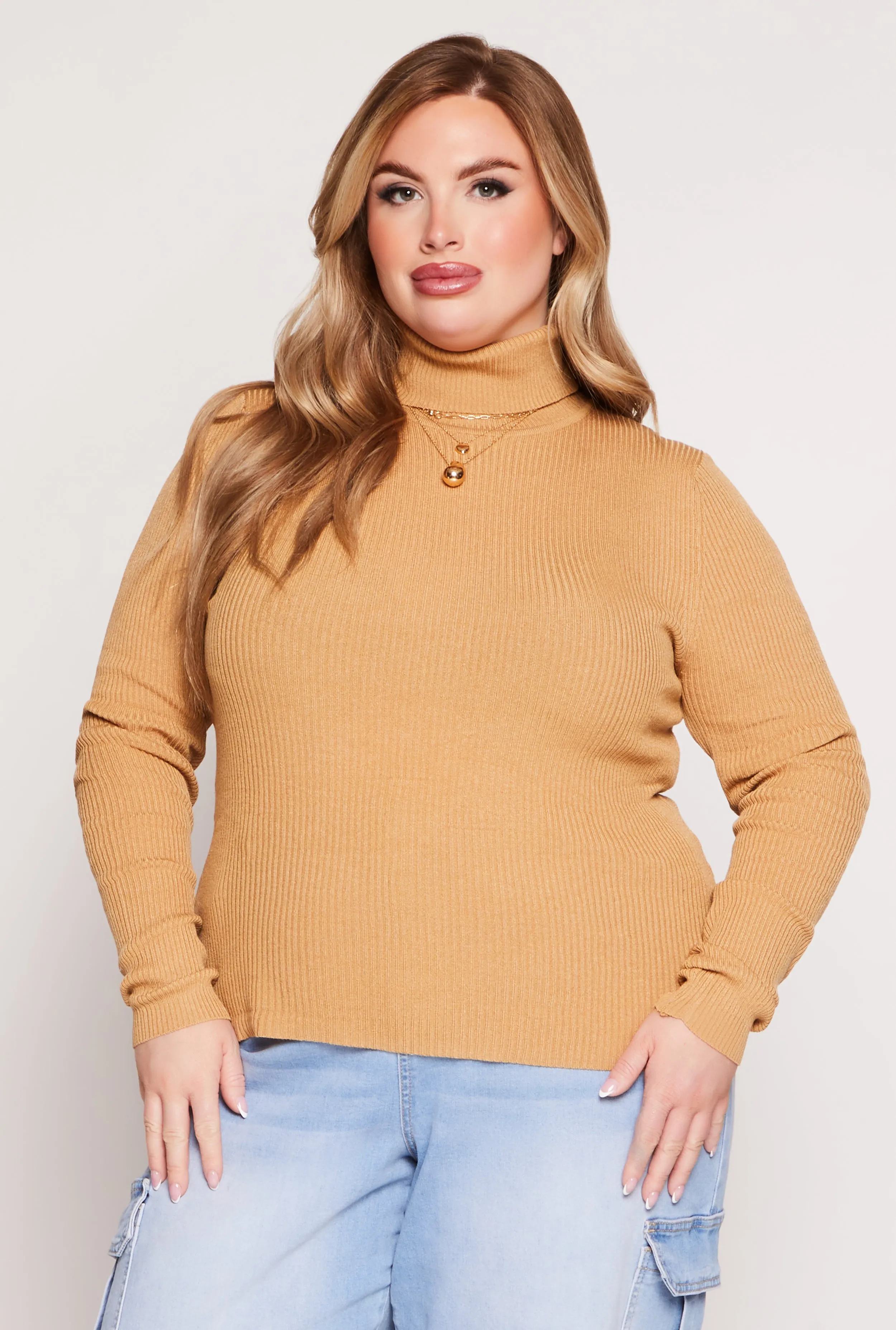 Plus Size Solid Rib Knit Turtleneck Top sold by Rainbow