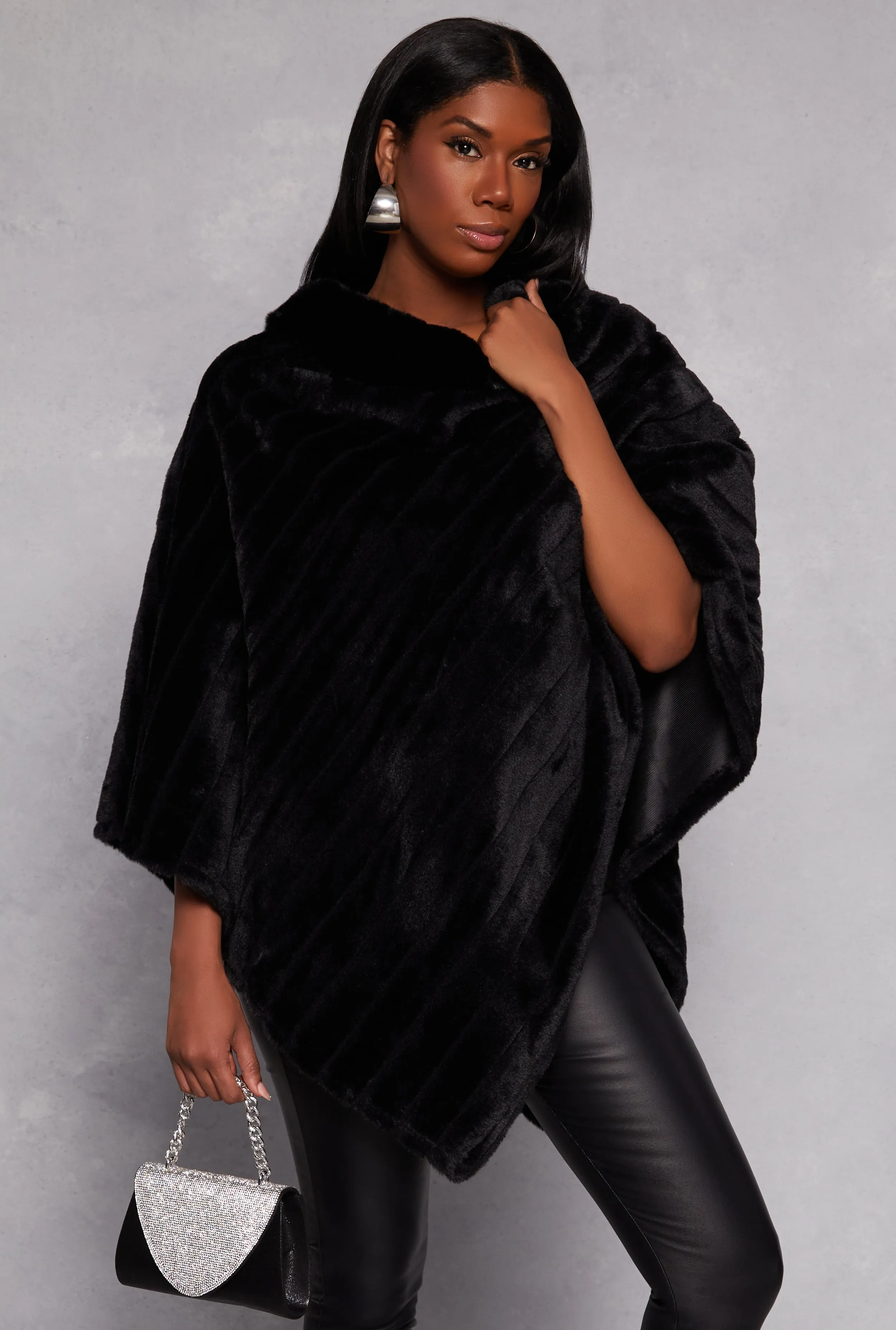 Faux Fur Funnel Neck Poncho sold by Rainbow