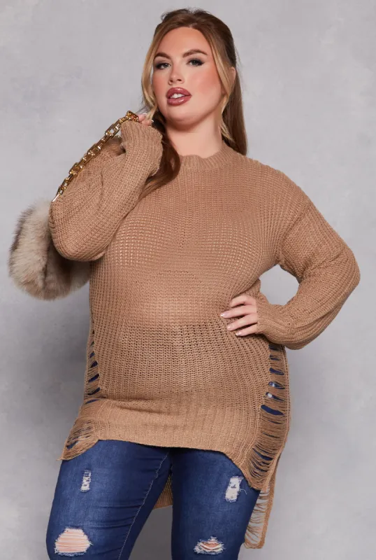 Plus Size Distressed Crew Neck Sweater sold by Rainbow