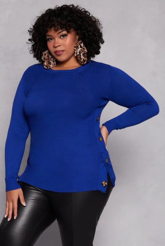 Plus Size Button Side Detail Crew Neck Sweater sold by Rainbow