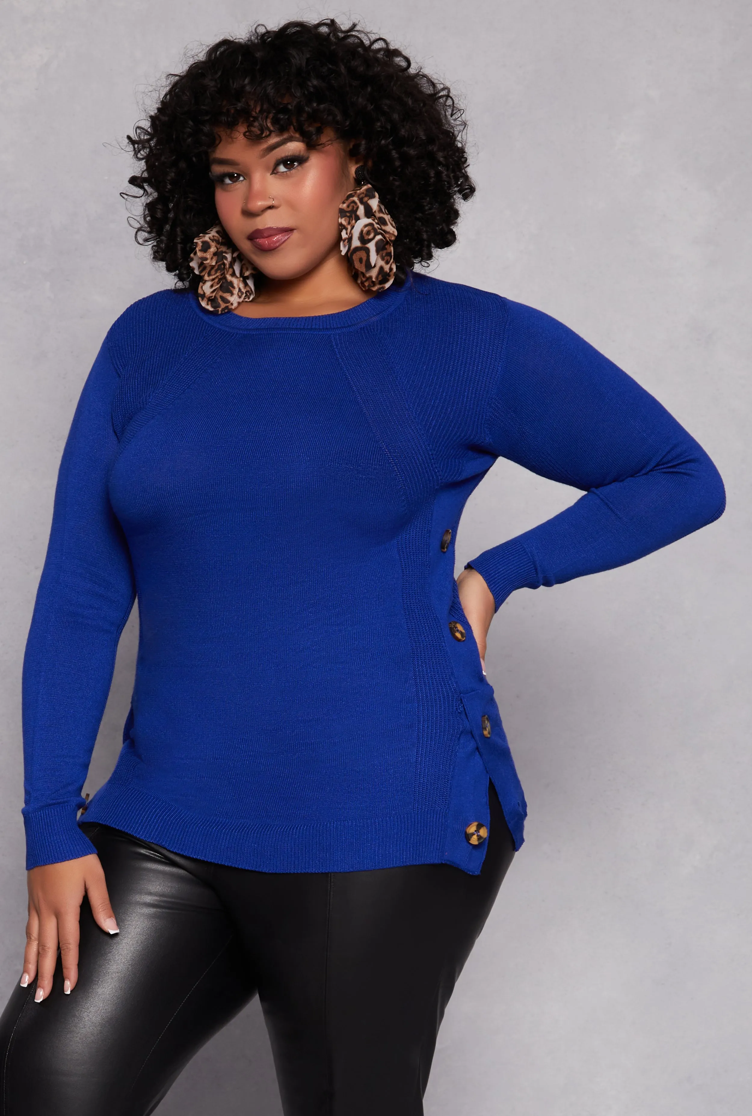 Plus Size Button Side Detail Crew Neck Sweater sold by Rainbow