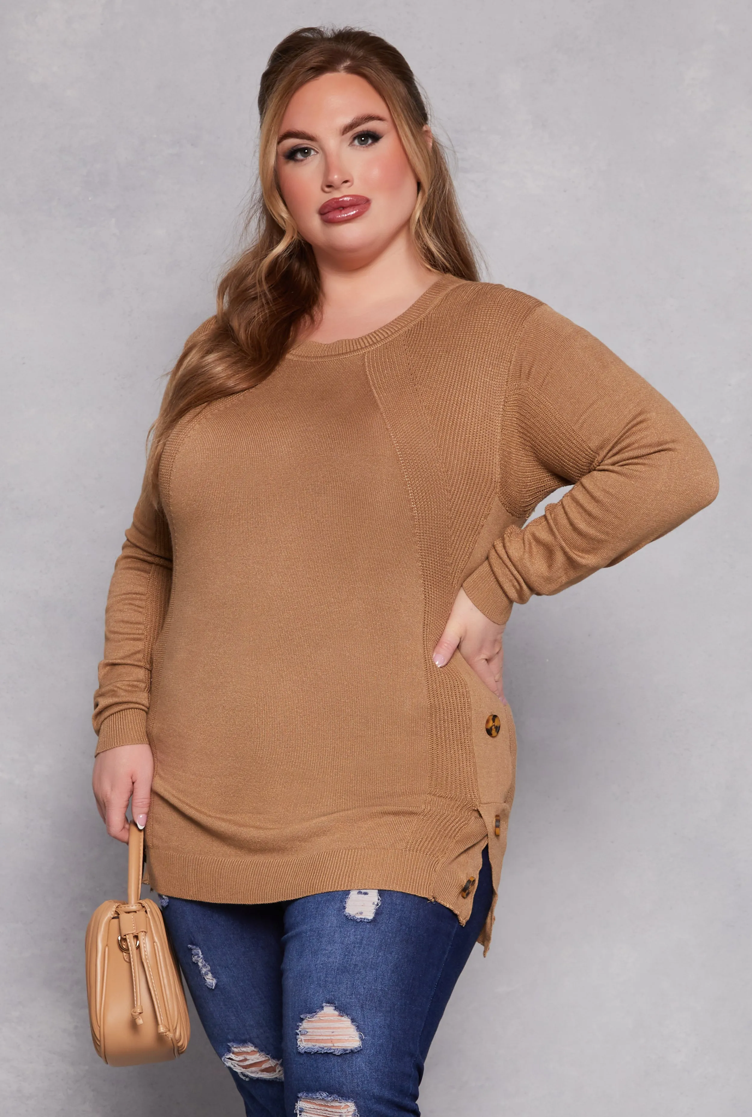 Plus Size Button Side Detail Crew Neck Sweater sold by Rainbow